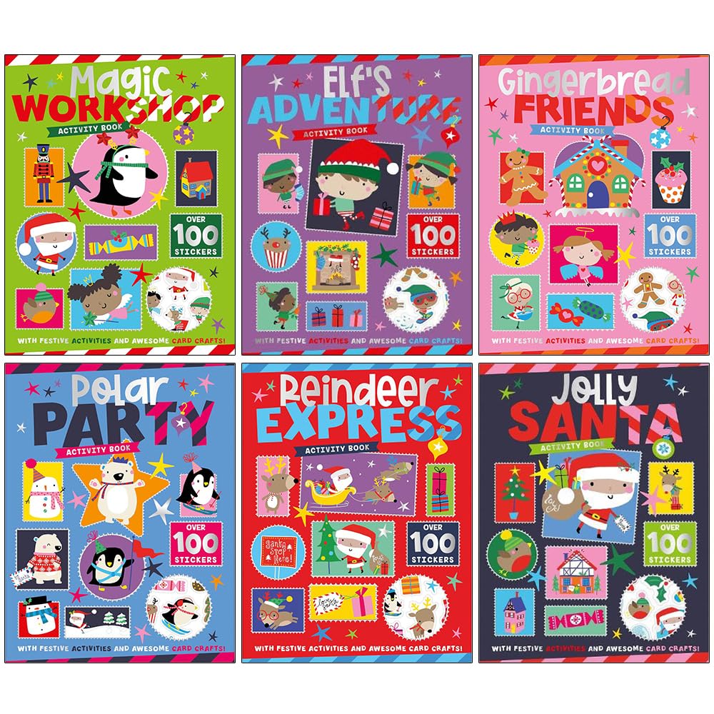 Christmas Books for Children Collection Activity 6 Books Set With Awesome Card Craft & Over 100 Stickers(Magic Workshop, Elf Adventure, Gingerbread Friends, Polar Party, Reindeer-Express & Jolly Santa) - Lets Buy Books