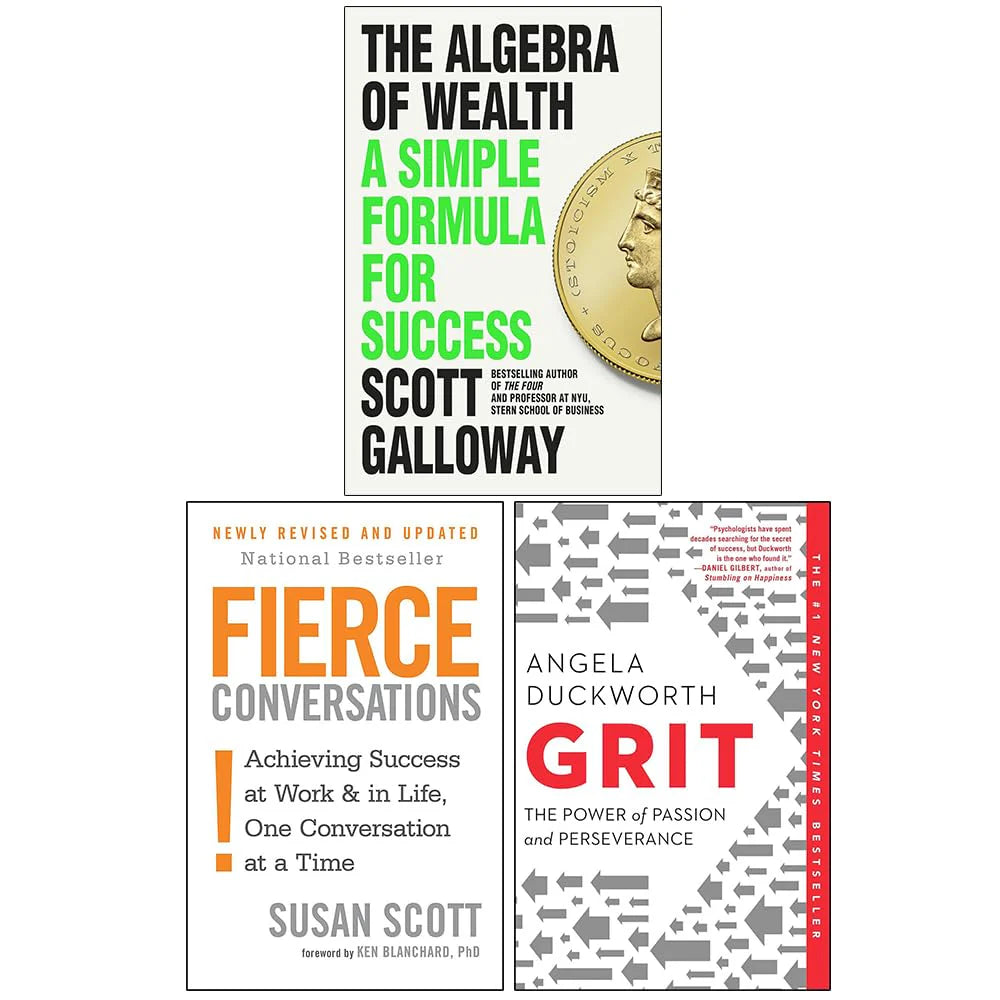 The Algebra of Wealth, Fierce Conversations and Grit 3 book paperback collection set cover