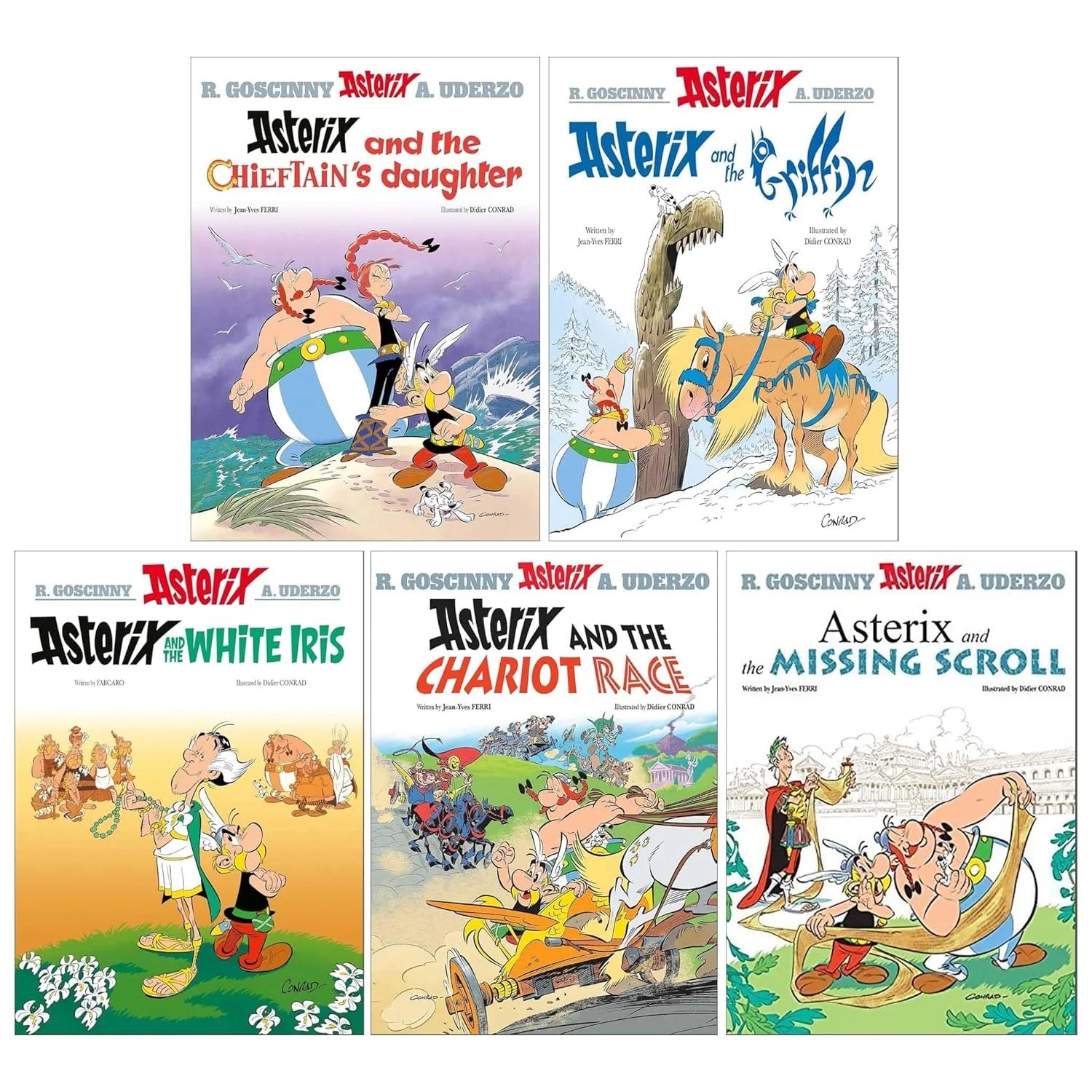 Asterix Series 8 Books 36-40 by Jean-Yves Ferri & Fabcaro - 5 book paperback collection set featuring The Missing Scroll, The Chariot Race, The Chieftain's Daughter, The Griffin and The White Iris