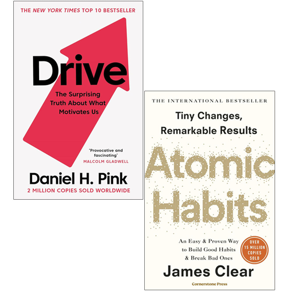 Atomic Habits by James Clear and Drive by Daniel H. Pink - 2 book paperback collection set - self-help and business motivation