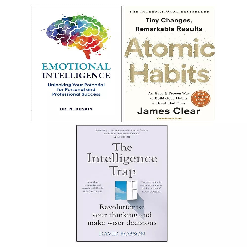 Atomic Habits, The Intelligence Trap and Emotional Intelligence 3 book paperback collection set cover