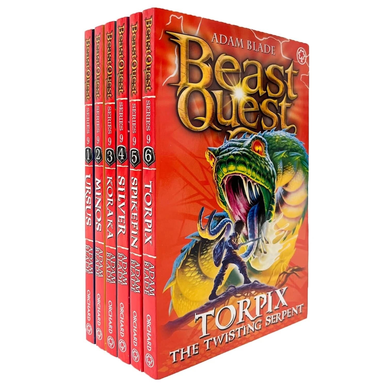 Beast Quest Series 9 Collection Set - 6 Paperback Books by Adam Blade including Koraka, Minos the Demon Bull, Silver, Spikefin, Torpix and Ursus - Ages 7-9