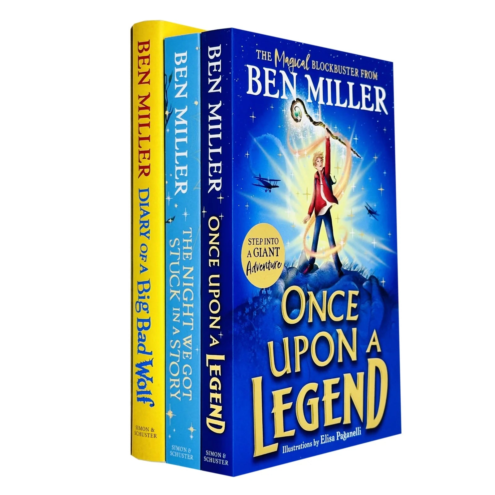 Ben Miller 3 Books Collection Set front cover featuring The Night We Got Stuck in a Story, Diary of a Big Bad Wolf and Once Upon a Legend, ages 7-9 fiction