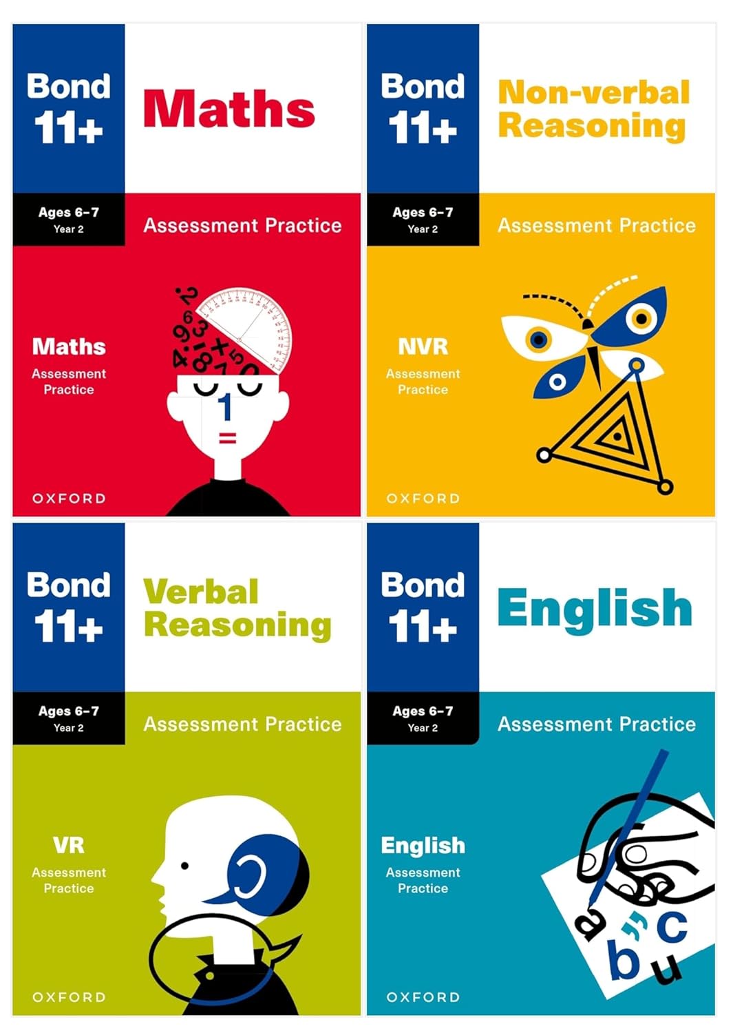 Bond 11+ Assessment Practice Papers 4 Books Collection Set, Ages 6-7, Paperback - front cover set