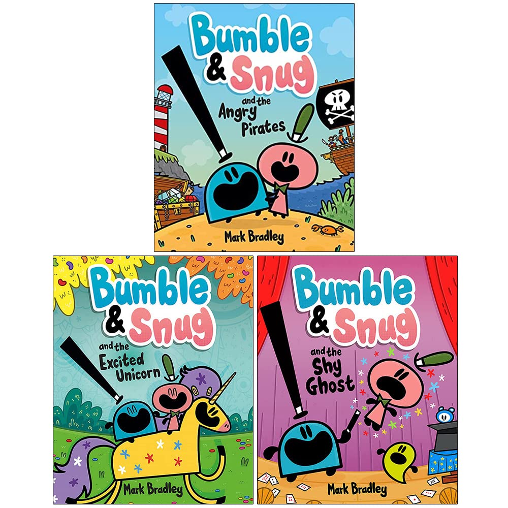 Bumble and Snug 3 Book Set by Mark Bradley - Angry Pirates, Excited Unicorn, Shy Ghost - Paperback Ages 5-8