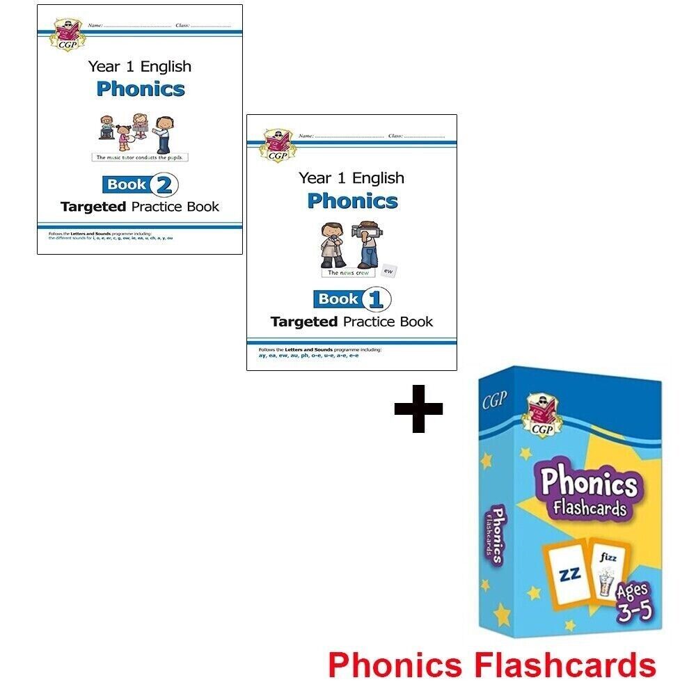 CGP KS1 English Year 1 Phonics Targeted Practice Books 1 and 2 set with free Phonics Flashcards, paperback, Ages 5-7