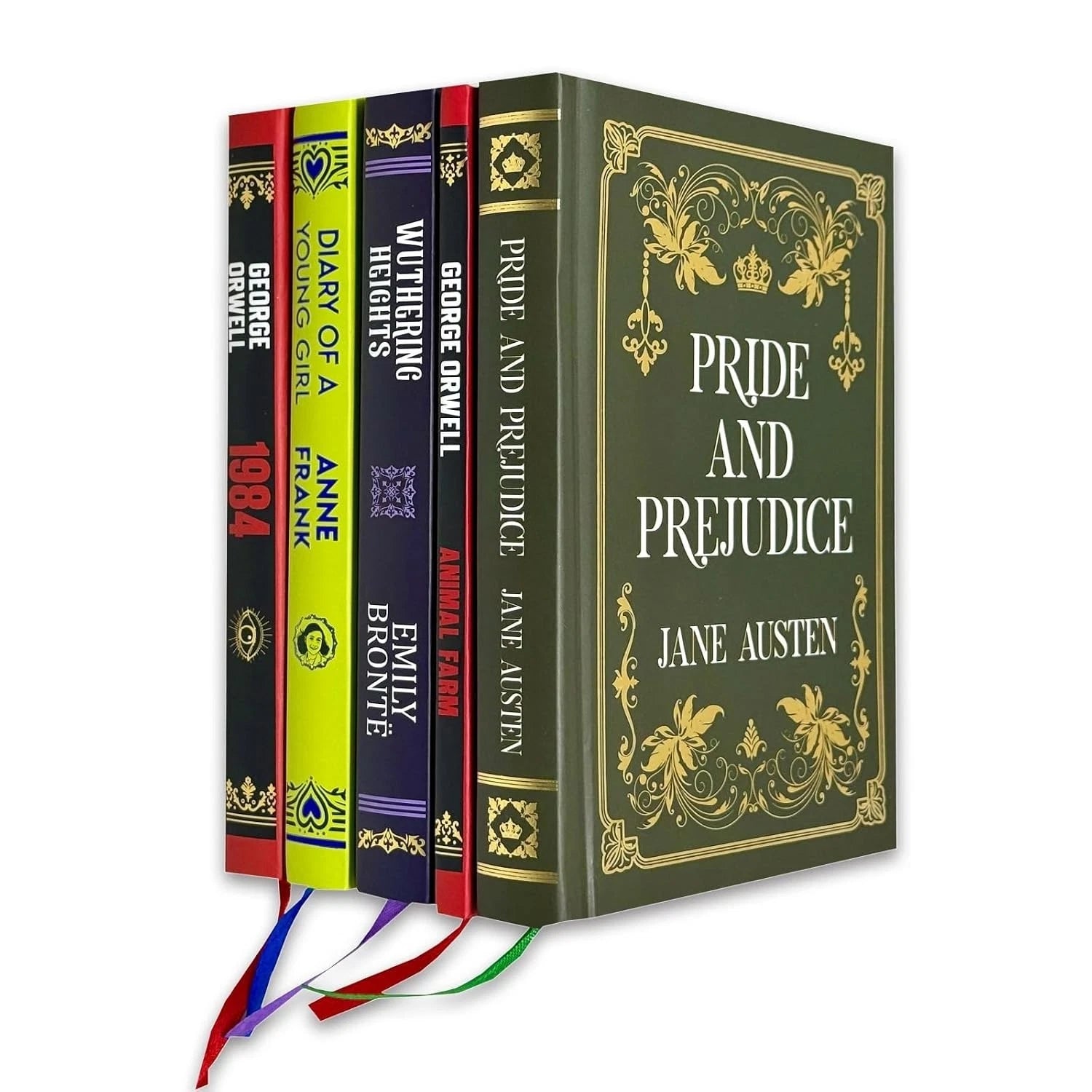 Classic Literature 5 Books Collection Set paperback featuring Pride and Prejudice, Wuthering Heights, The Diary of a Young Girl, 1984 and Animal Farm