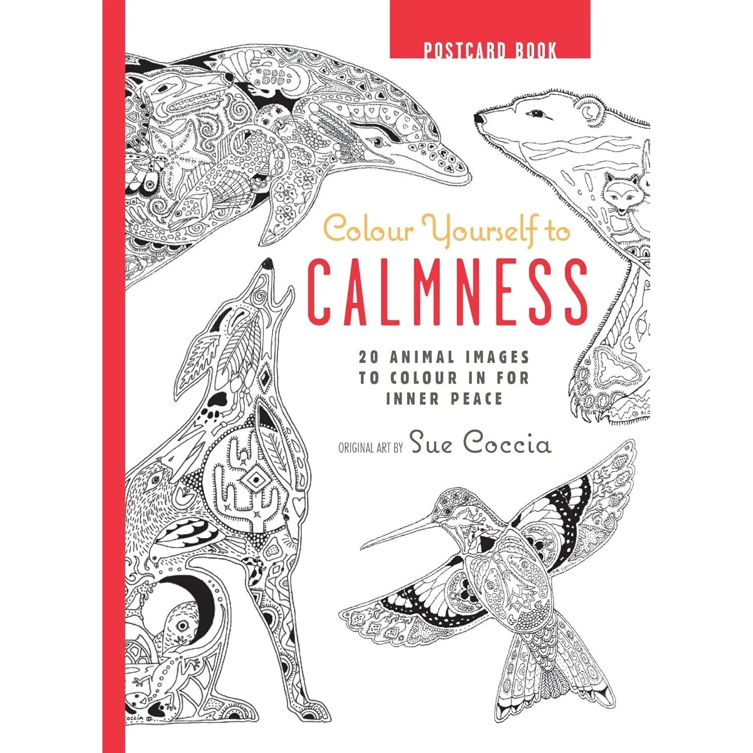 Colour Yourself to Calmness Postcard Book by Sue Coccia - hardback cover with animal illustration, adult colouring postcard book
