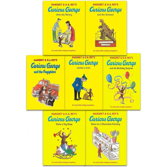 Curious George 7 Books Collection Set by Margret & H.A. Rey - paperback box set for ages 3-6, including Curious George and the Dinosaur, Fire-fighters, Visits the Library and more