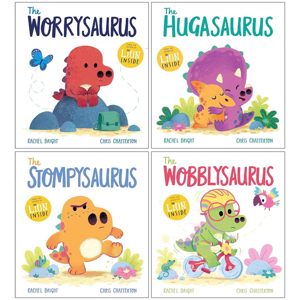 DinoFeelings Collection by Rachel Bright 4 Book Paperback Set - Worrysaurus, Hugasaurus, Stompysaurus, Wobblysaurus - Ages 3-6