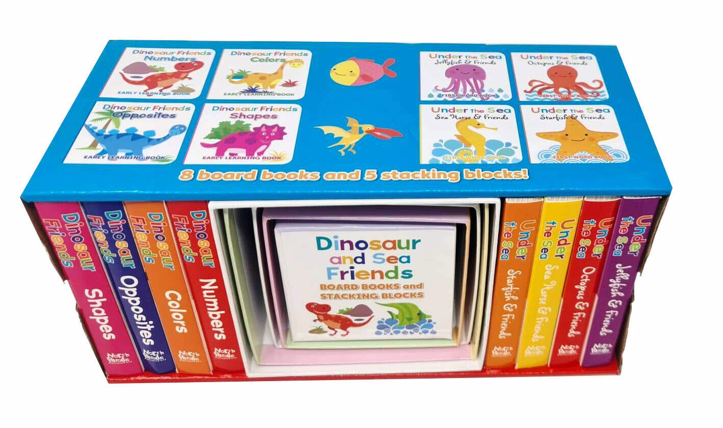 Dinosaur and Sea Friends 8 Board Books and 5 Stacking Blocks collection set by Paul & Henrietta Stickland, Ages 0-5