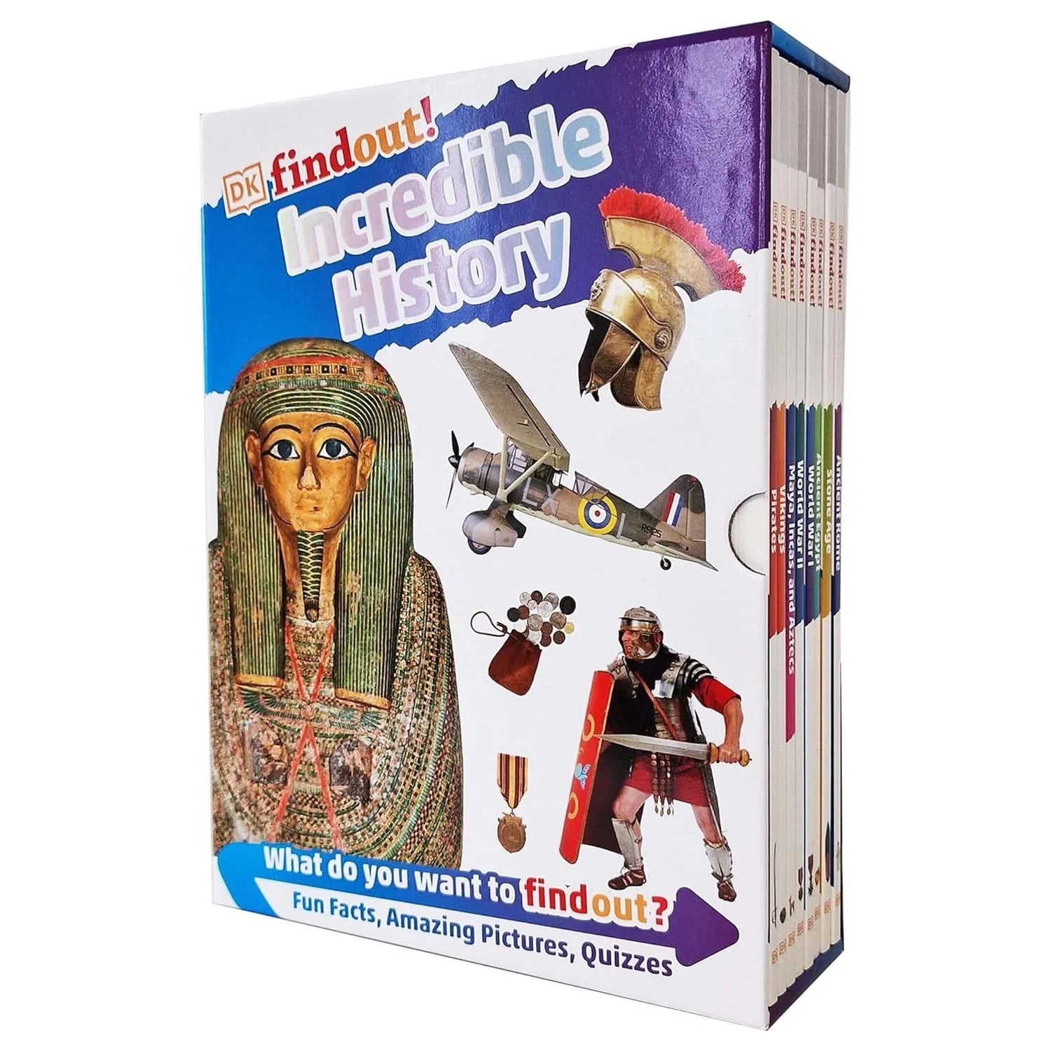 DK Find Out! Incredible History Collection 8-book paperback box set for ages 6-9, covering Ancient Rome, Ancient Egypt, Stone Age, Vikings, Pirates, WWI, WWII, and Maya, Incas and Aztecs