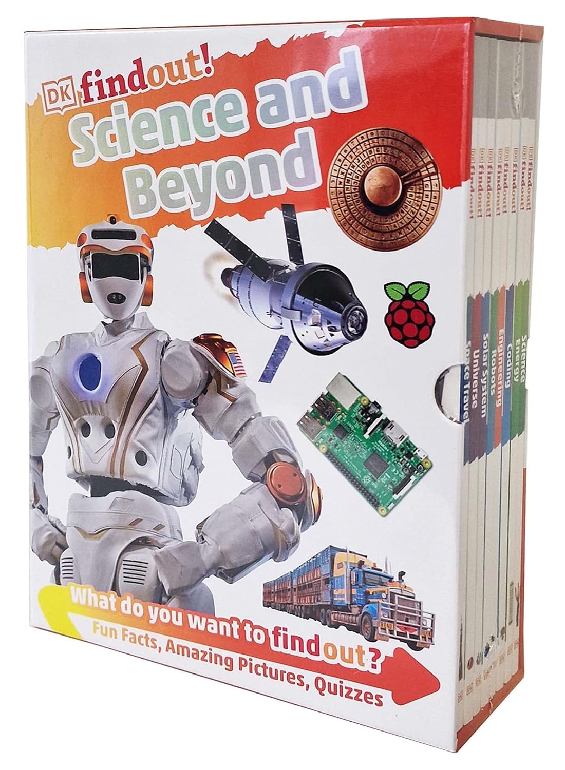DKfindout! Science and Beyond 8 Books Collection Set paperback box, ages 7-9, covering Science, Energy, Coding, Engineering, Robots, Solar System, Universe and Space Travel