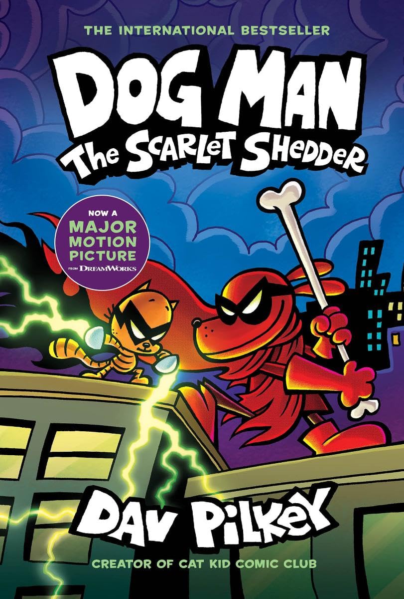 Dog Man 12: The Scarlet Shedder by Dav Pilkey - hardcover graphic novel front cover, ages 7+