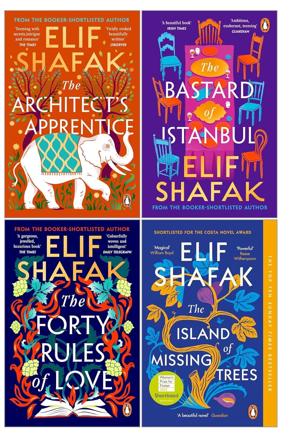 Elif Shafak 4 Books Collection Set paperback front cover featuring The Forty Rules of Love, The Bastard of Istanbul, The Architect's Apprentice and The Island of Missing Trees