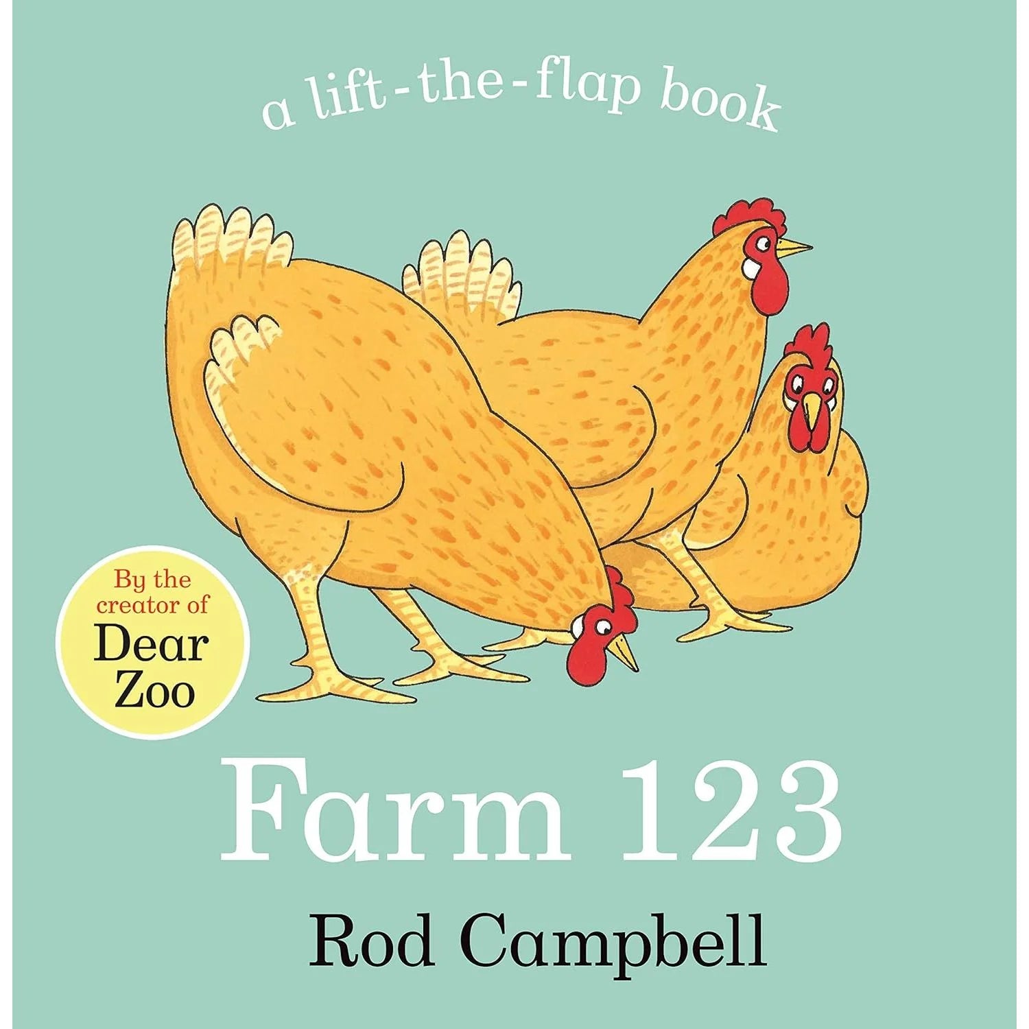 Farm 123 by Rod Campbell - lift-the-flap board book cover featuring farm animals, first numbers counting book for toddlers ages 0-3