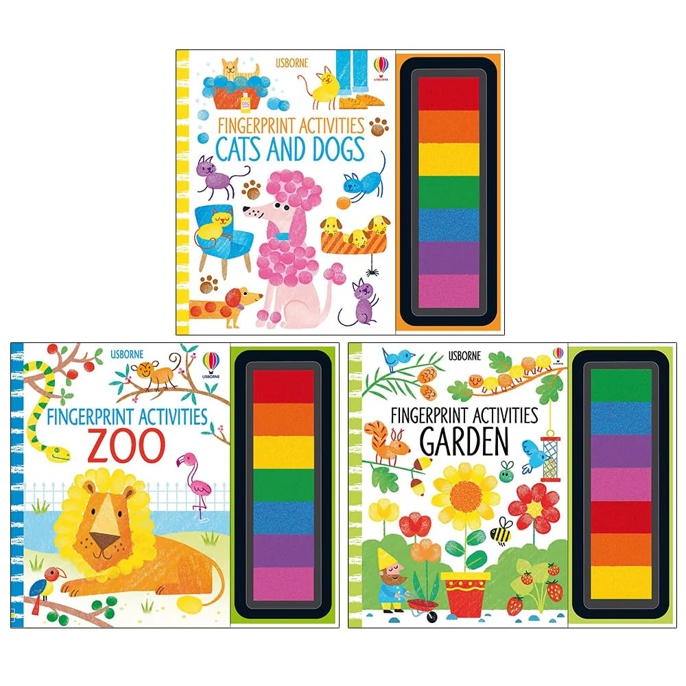 Fingerprint Activities by Fiona Watt 3 book spiral-bound set - Cats and Dogs, Zoo, Garden - Ages 6-9