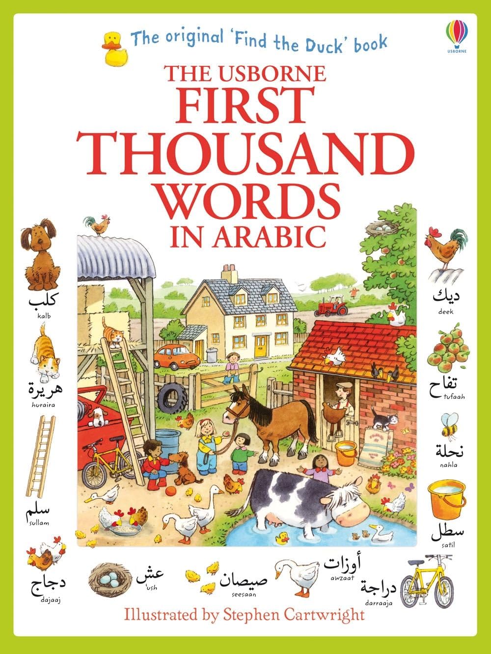 First Thousand Words in Arabic by Heather Amery - bilingual Arabic-English paperback word book cover, Usborne, ages 5-7