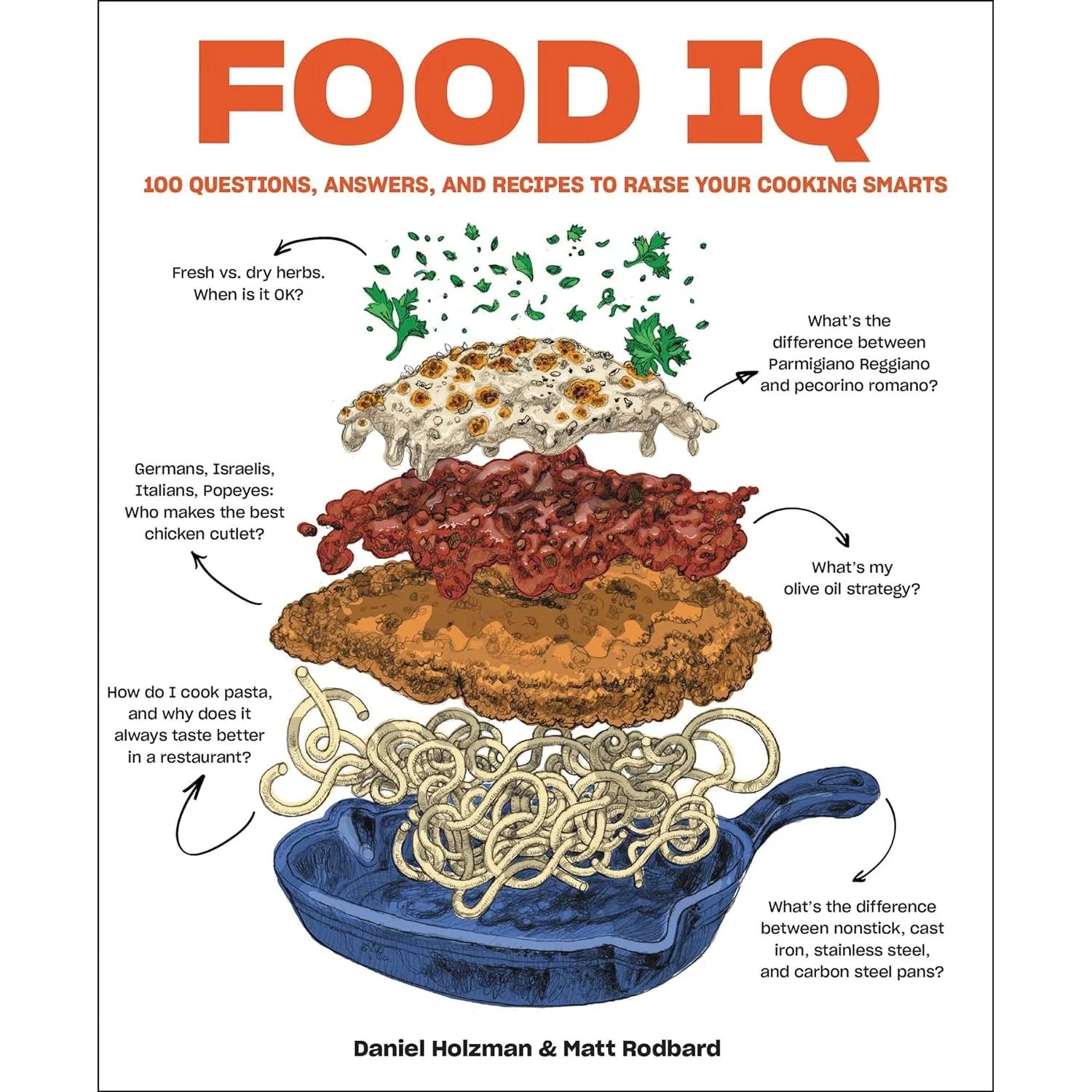 Food IQ: 100 Questions, Answers, and Recipes hardback cookbook by Daniel Holzman and Matt Rodbard, front cover