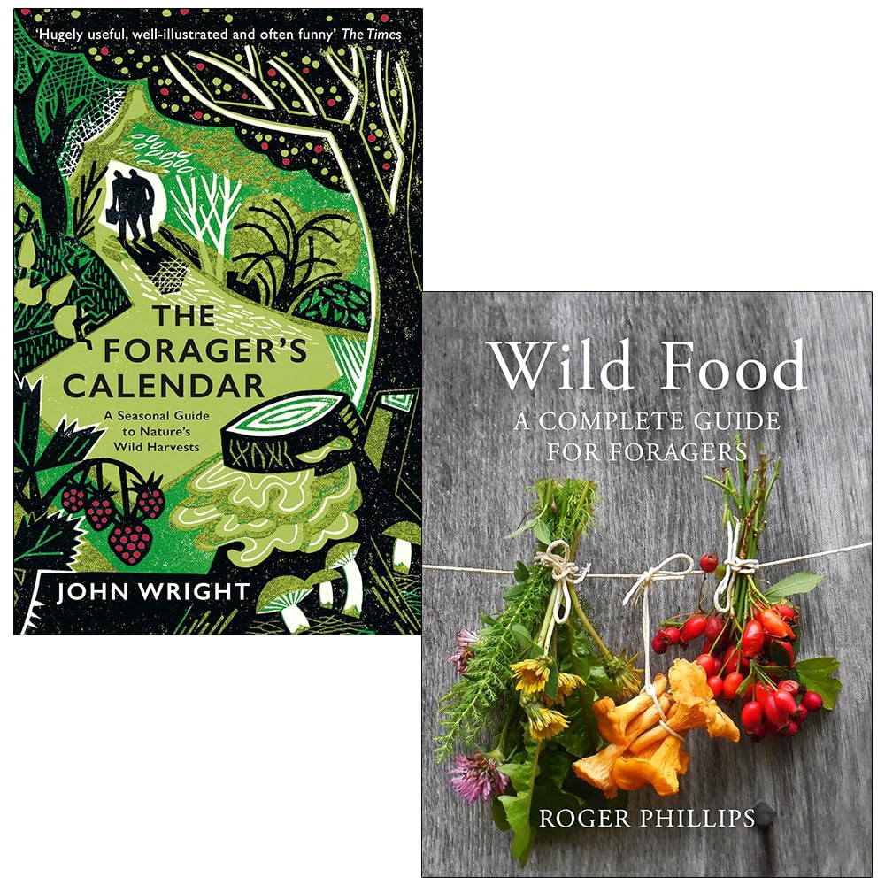 The Forager's Calendar by John Wright and Wild Food by Roger Phillips 2 book foraging set, paperback and hardback