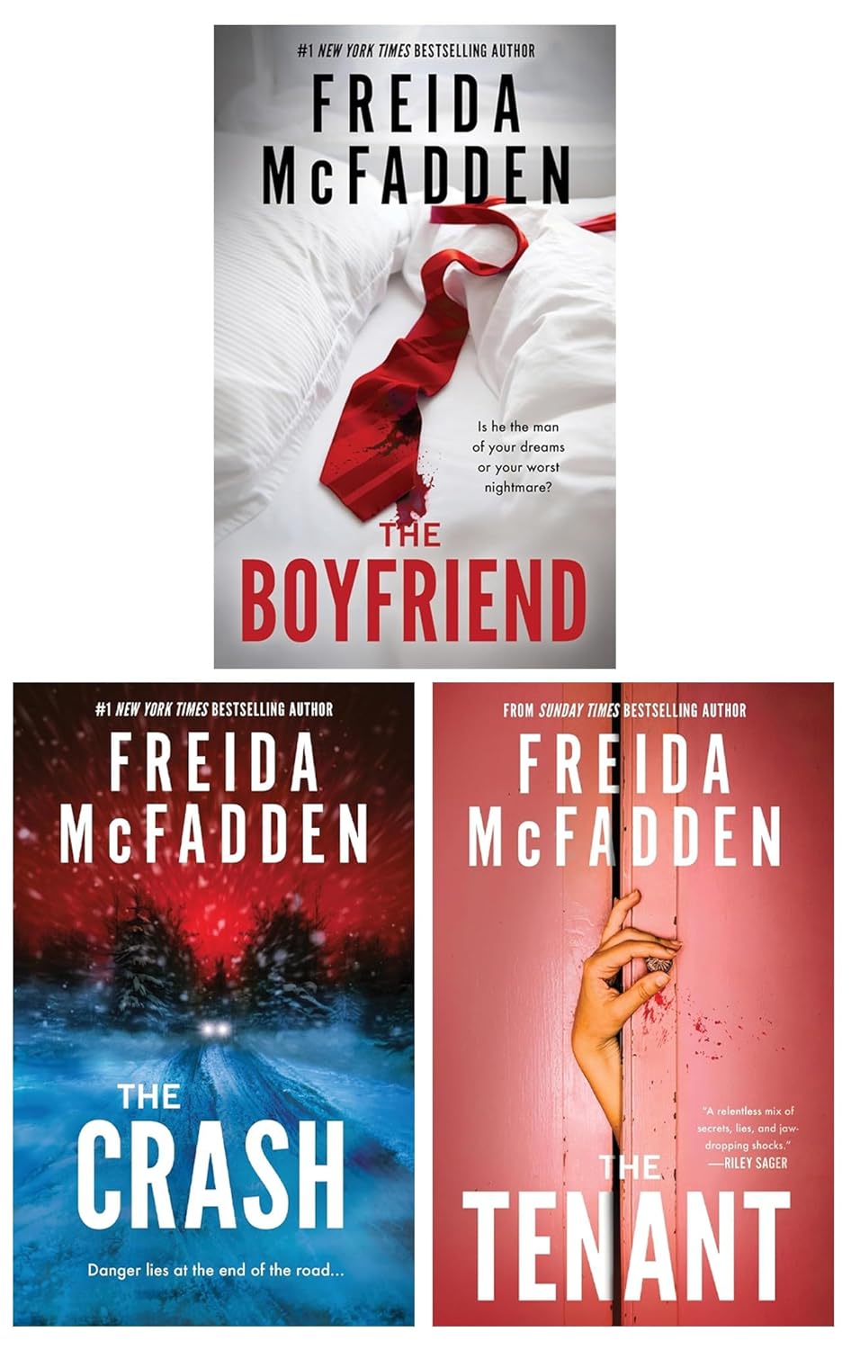Freida McFadden 3 Book Collection Set featuring The Boyfriend, The Crash and The Tenant - paperback psychological thrillers for adults