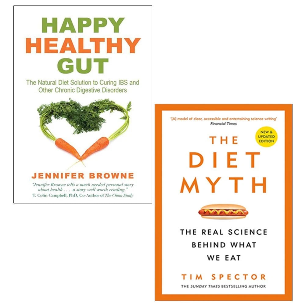 Happy Healthy Gut by Jennifer Browne and The Diet Myth by Tim Spector 2 books collection set, paperback, adult non-fiction gut health books