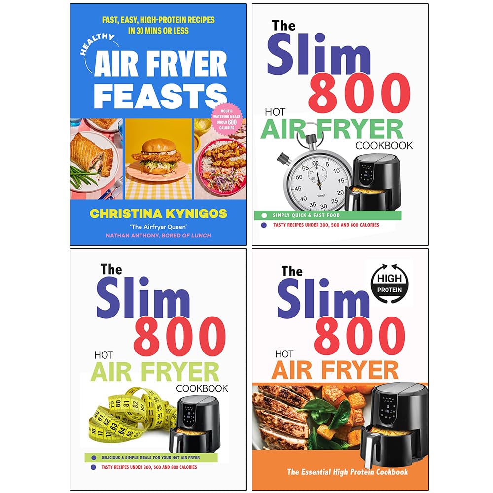 Healthy Air Fryer Feasts and The Slim 800 Hot Air Fryer 4 books collection set cover, mixed hardback and paperback cookbooks by Christina Kynigos