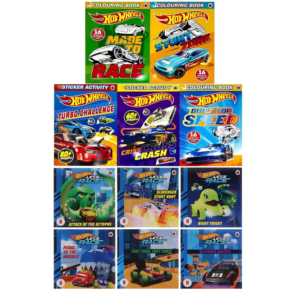 Hot Wheels Let's Race 11 Books Collection Set - paperback storybooks, sticker and colouring books for ages 3-7