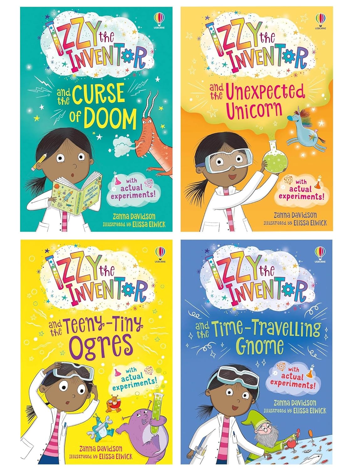 Izzy the Inventor Series by Zanna Davidson 4 Books Collection Set (Unexpected Unicorn, Curse of Doom, Time Travelling Gnome, Teeny Tiny Ogres) - Paperback, Ages 5-7
