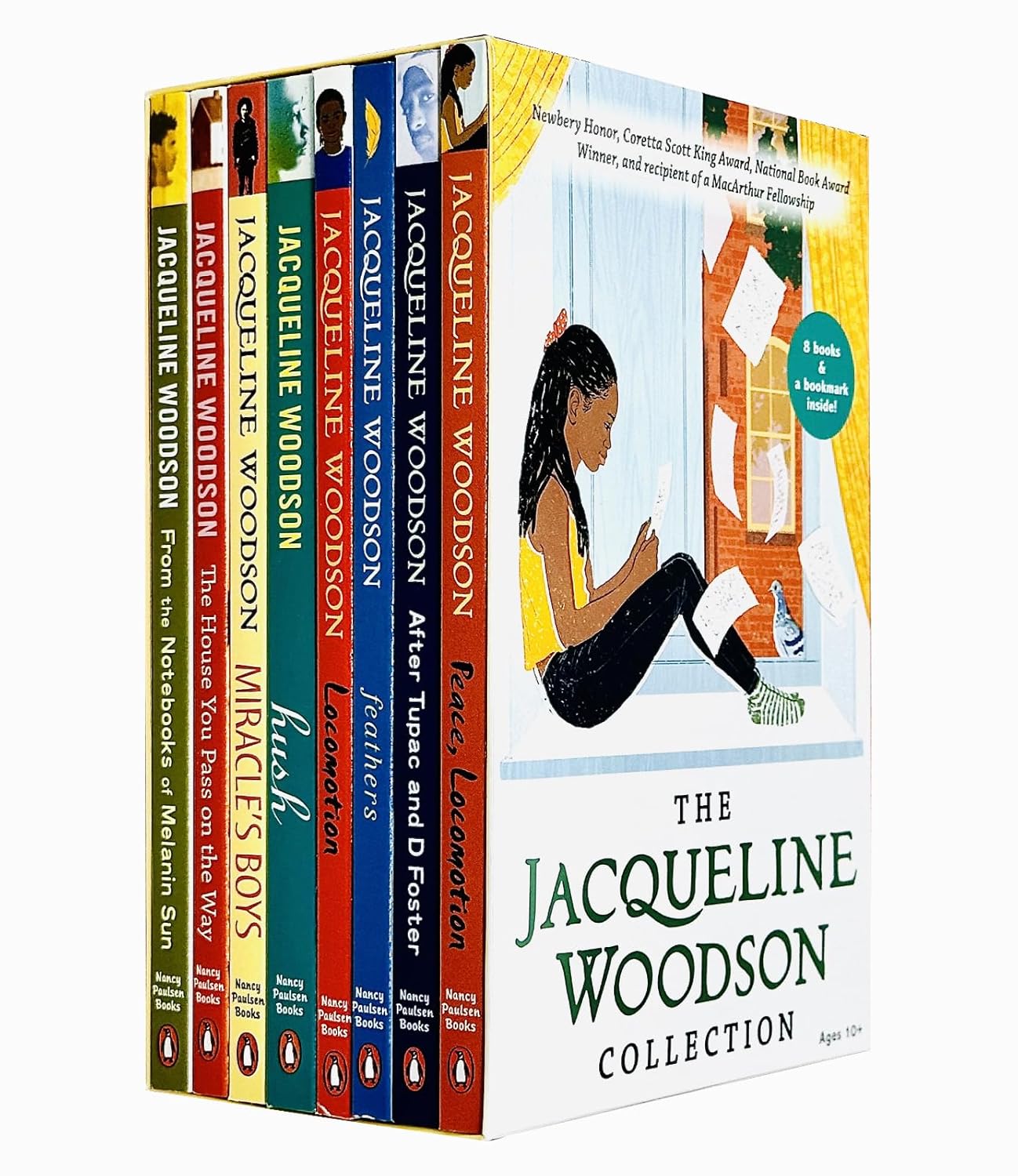 The Jacqueline Woodson Collection 8 Books Box Set - paperback boxed set cover featuring Locomotion, Feathers, Hush, Miracle's Boys and more - Ages 9-12