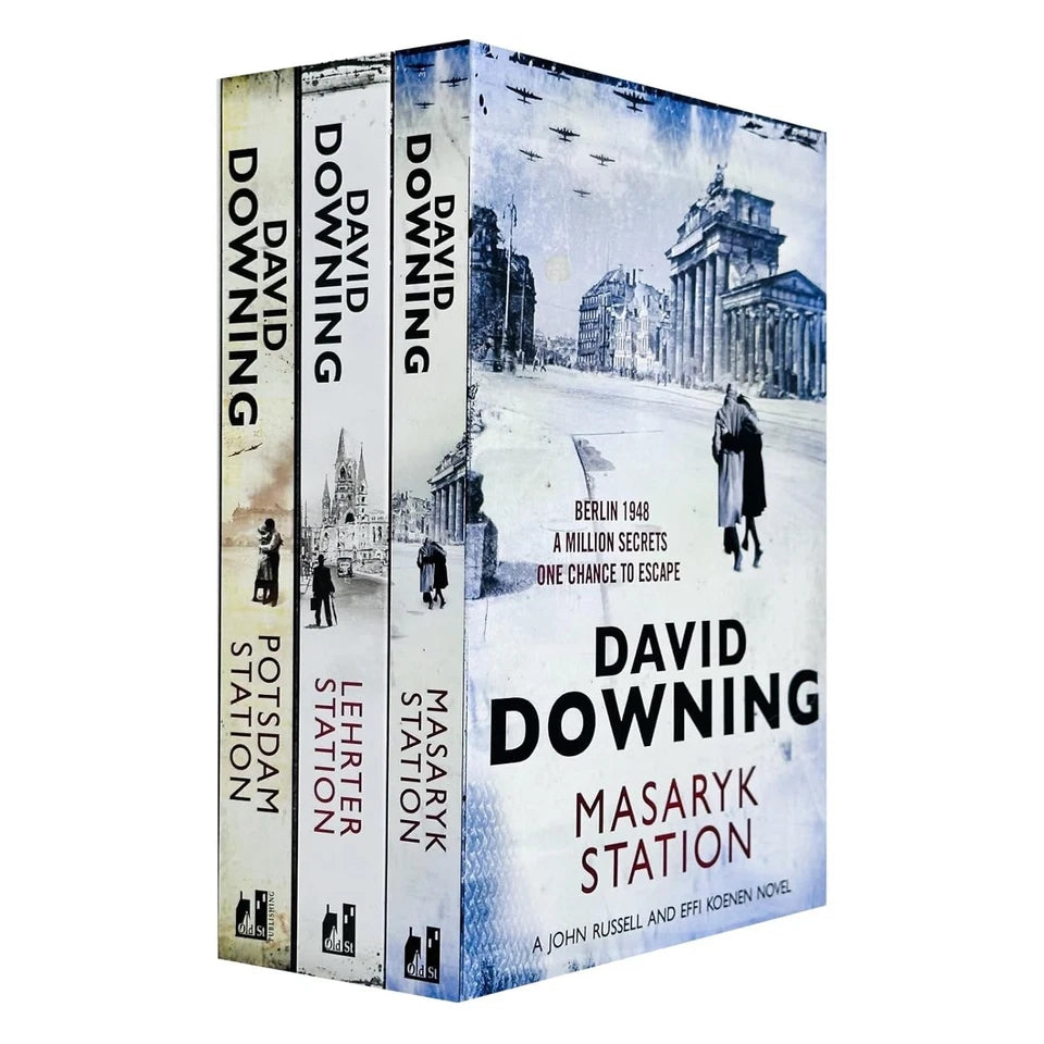 John Russell WWII Spy Thrillers 4-6 Collection by David Downing - Potsdam Station, Lehrter Station and Masaryk Station paperback book set cover