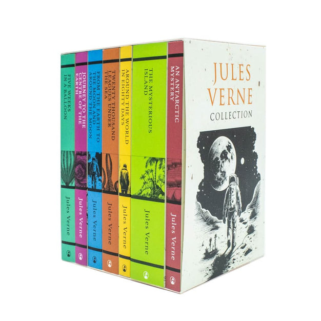 Jules Verne 7 Books Collection Set paperback featuring Journey to the Centre of the Earth, Around the World in 80 Days and The Mysterious Island