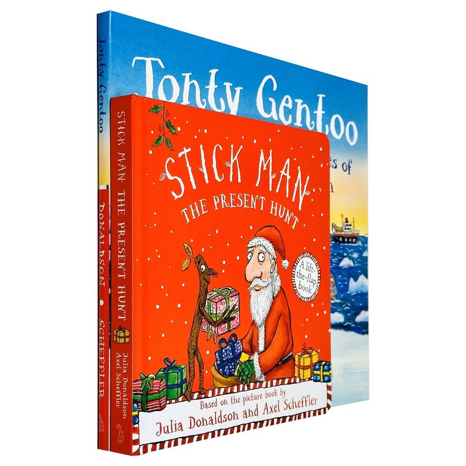 Julia Donaldson 2 Books Collection Set - Stick Man: The Present Hunt board book and Jonty Gentoo hardback picture book, ages 3-5