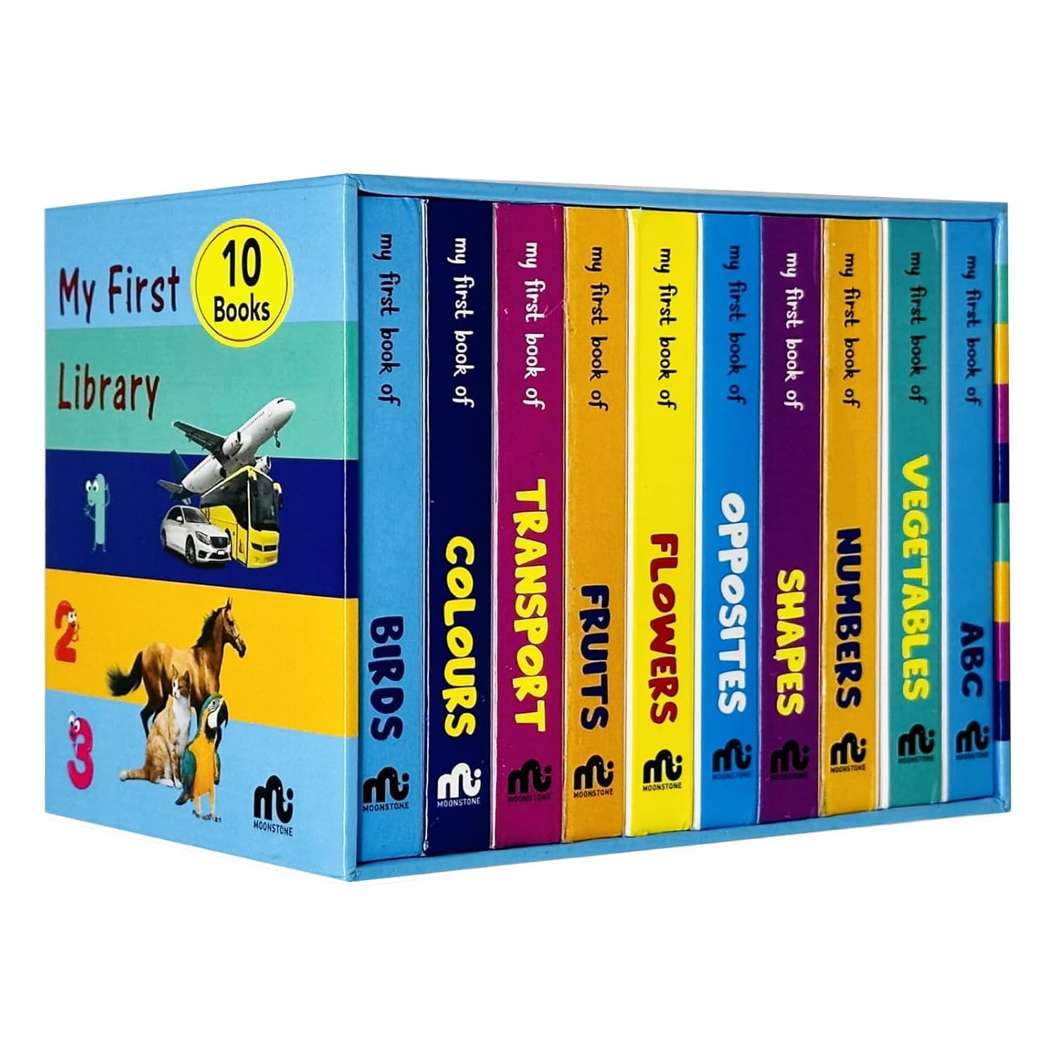 My First Library Box Set 1 - 10 Board Books Collection Set (Birds, Colours, Transport, Fruits, Flowers, Opposites, Shapes, Numbers, Vegetables & ABC) - Ages 0-3 Board Book cover