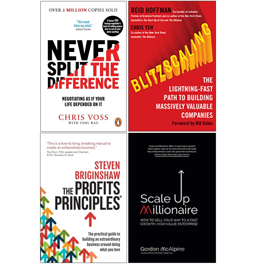 Never Split The Difference 4 Book Business Collection Set - paperback front cover including Blitzscaling, The Profits Principles and Scale Up Millionaire