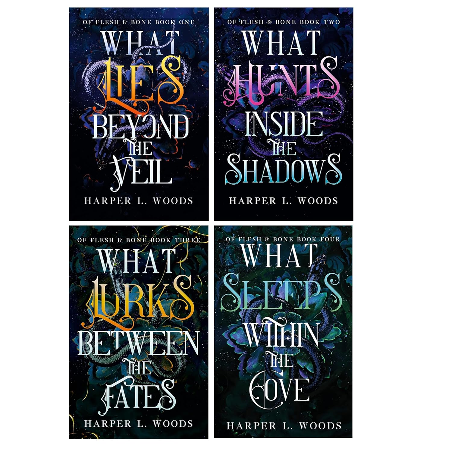 Of Flesh & Bone Series 4 Books Collection Set by Harper L. Woods - What Lies Beyond the Veil, What Hunts Inside the Shadows, What Lurks Between the Fates, What Sleeps Within the Cove - Adult Fantasy Romance Paperback