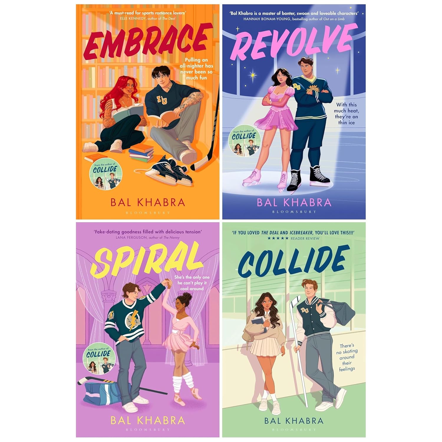 Off the Ice series by Bal Khabra 4 book paperback collection set featuring Collide, Spiral, Revolve and Embrace