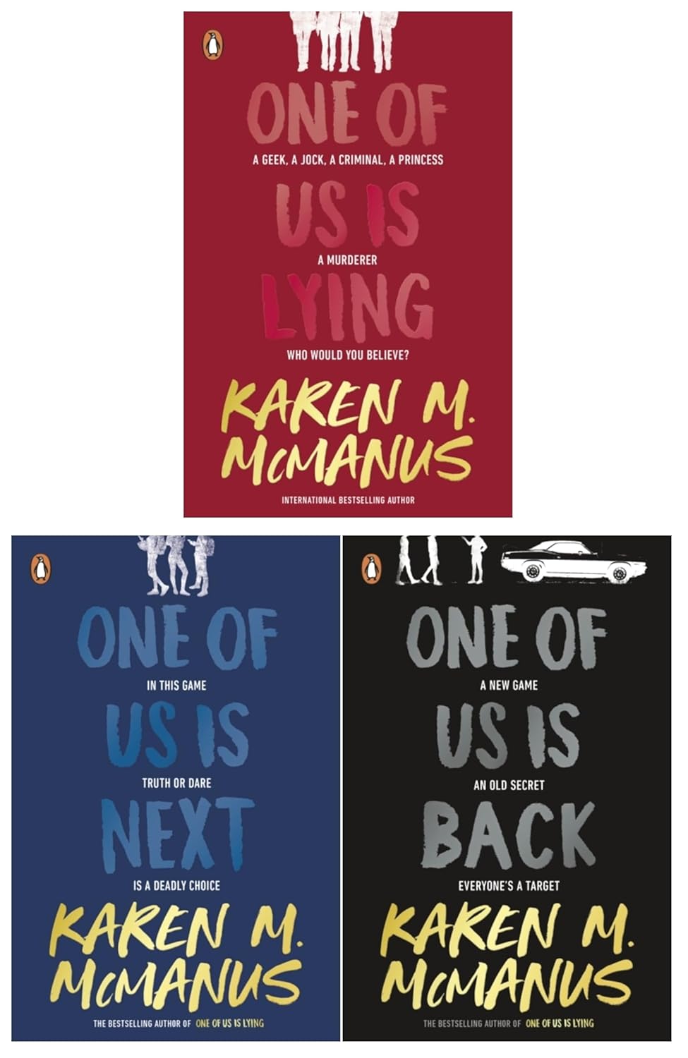 One of Us Is Lying series by Karen M McManus - 3 book paperback collection set including One of Us Is Lying, One of Us Is Next, and One of Us Is Back, Young Adult mystery thriller