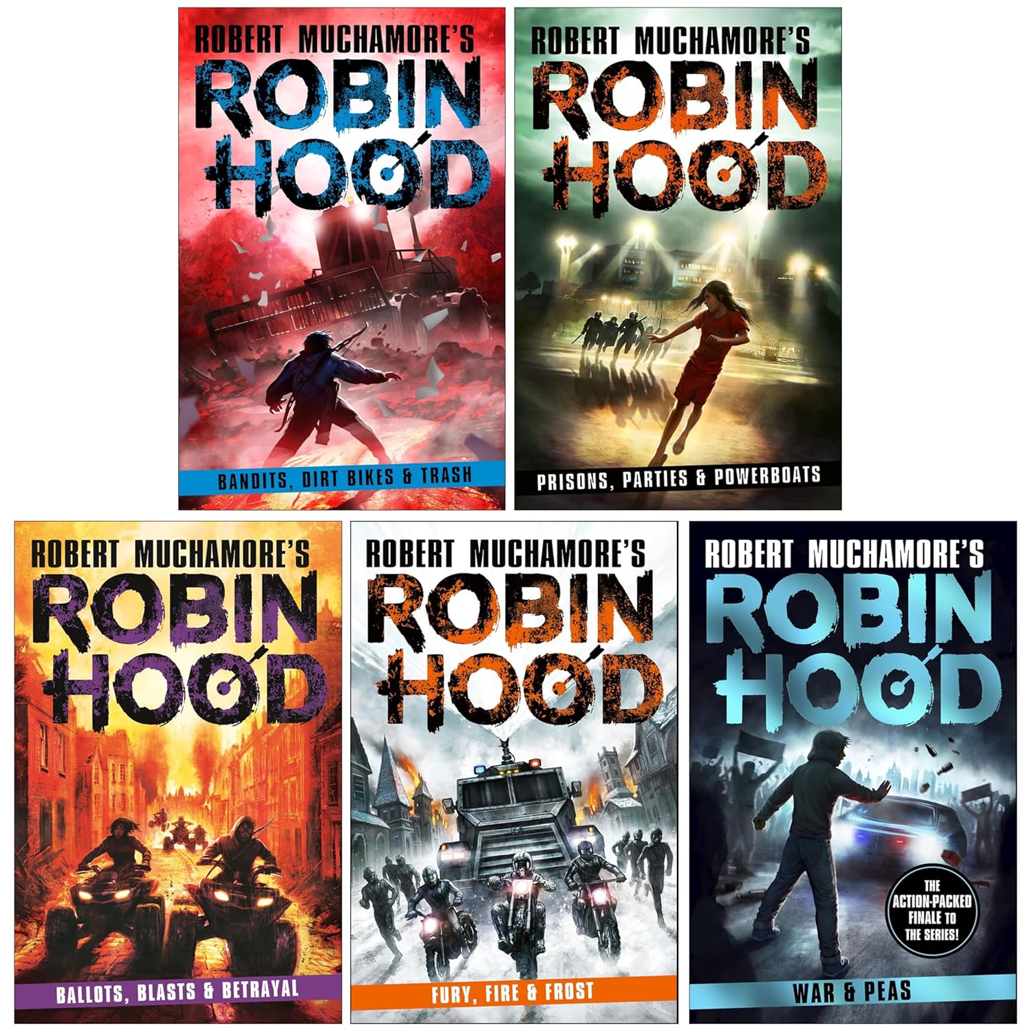 Robin Hood Series Books 6-10 by Robert Muchamore - 5 book paperback collection set for young adults, including Bandits Dirt Bikes & Trash, Fury Fire & Frost and War and Peas