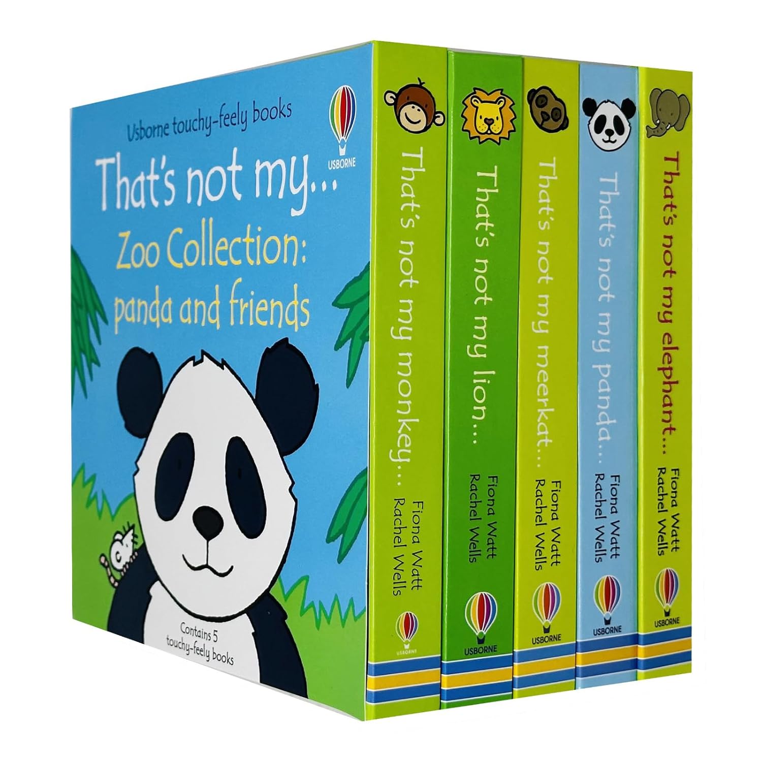 That's Not My Zoo Collection Set 3: Panda and Friends - 5 touchy-feely board books (lion, elephant, monkey, panda, meerkat) by Fiona Watt, ages 0-2