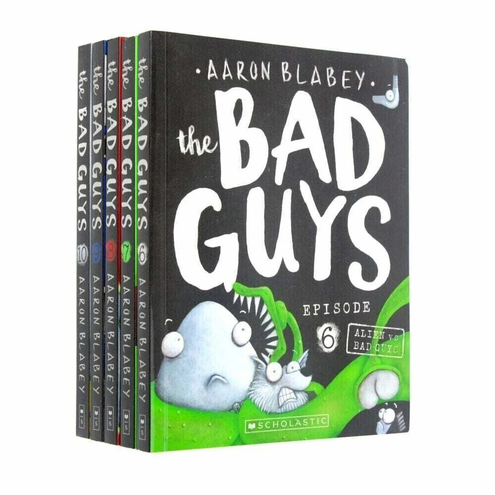 The Bad Guys 5 Books Collection Set (Series 6-10) by Aaron Blabey - Paperback - Ages 7-9 - includes Alien vs Bad Guys, Do-You-Think-He-Saurus?!, Superbad, The Big Bad Wolf, The Baddest Day Ever