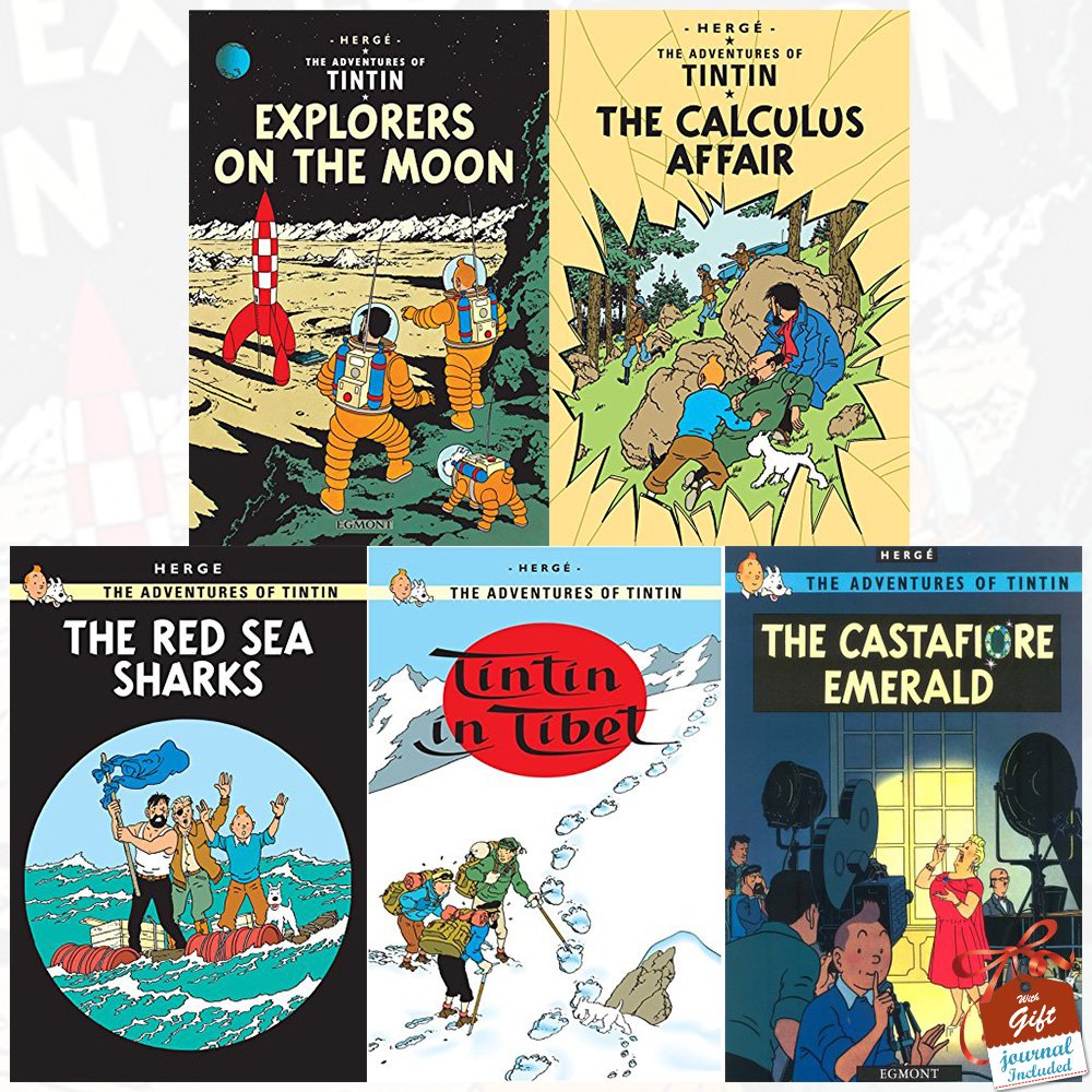 The Adventures of Tintin 5 Books Collection Set by Hergé - Paperback with Gift Journal, Ages 8-12