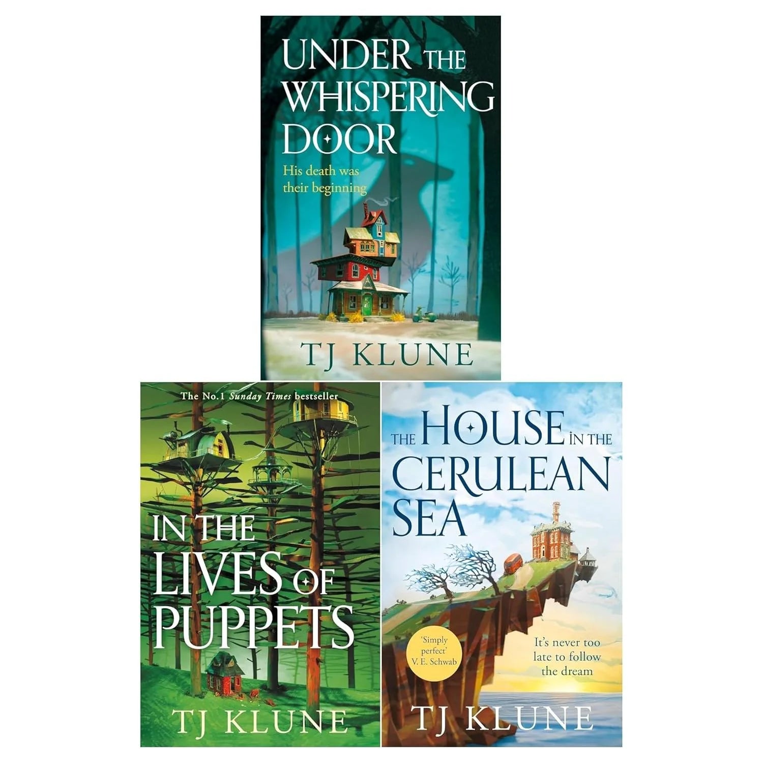 TJ Klune 3 Book Collection Set paperback cover - House in the Cerulean Sea, Under the Whispering Door, In the Lives of Puppets - Adult Fantasy Fiction