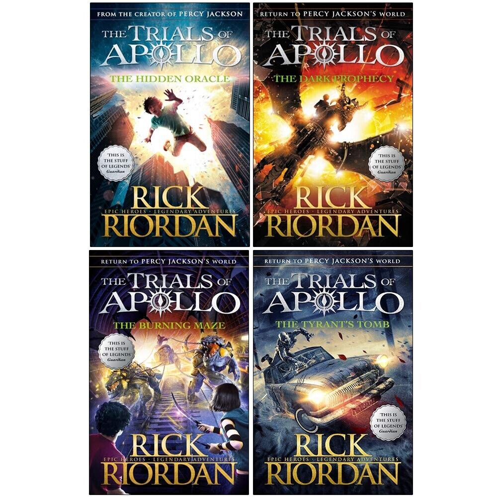 The Trials of Apollo Books 1-4 Collection Set by Rick Riordan - Paperback box set cover featuring Hidden Oracle, Dark Prophecy, Burning Maze and Tyrant's Tomb