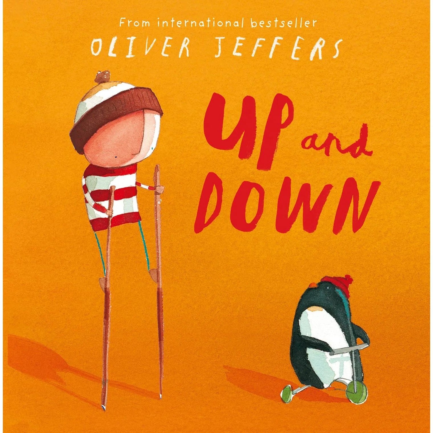 Up and Down by Oliver Jeffers - paperback picture book cover showing the boy and the penguin, ages 3-6
