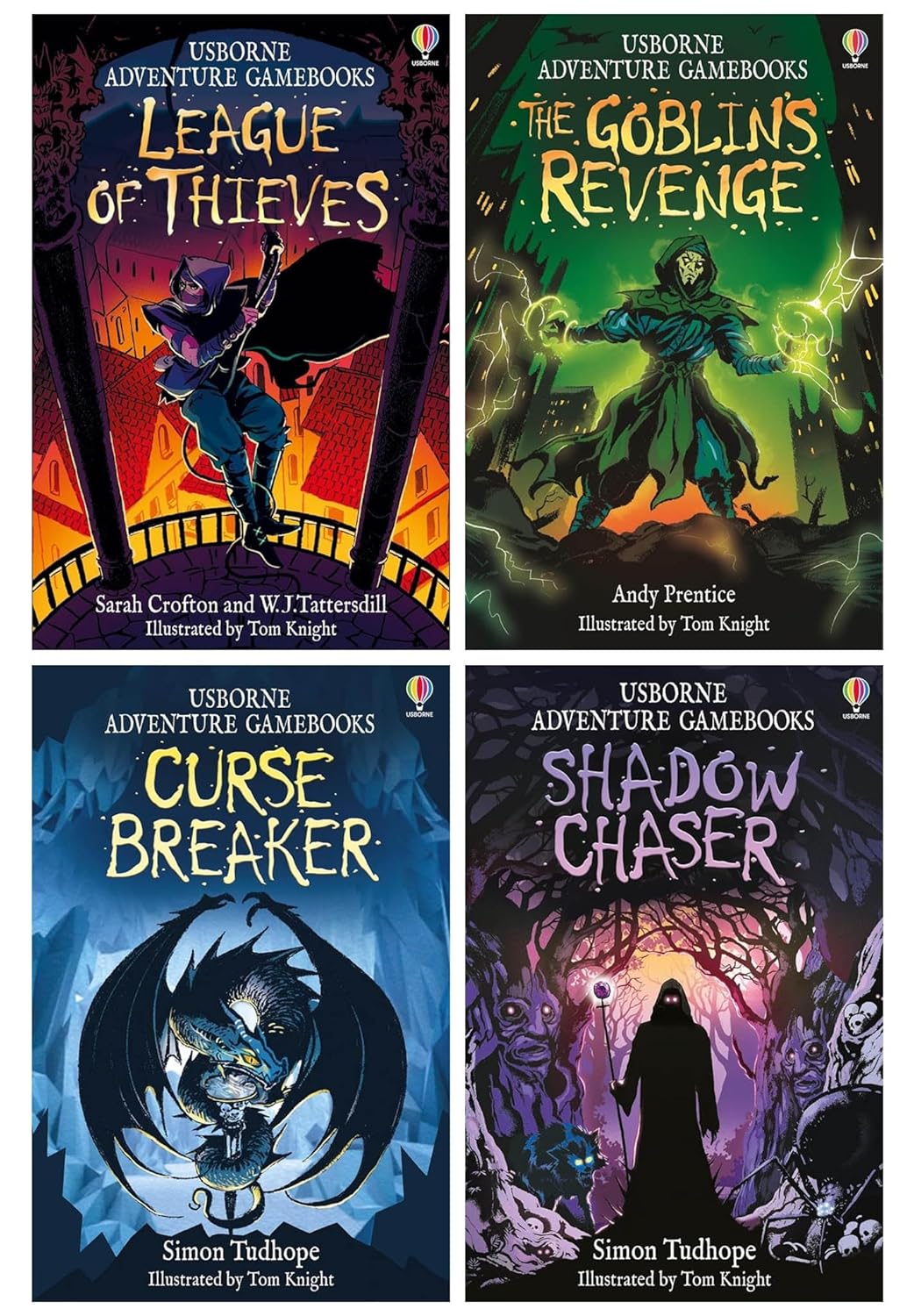 Usborne Adventure Gamebooks 4 Books Collection Set paperback front cover - Shadow Chaser, Curse Breaker, The Goblin's Revenge, League of Thieves by Simon Tudhope