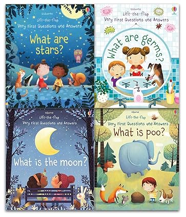 Usborne Lift The Flap Very First Questions and Answers 4 Books Collection Set - What is the Moon, What are Stars, What are Germs, What is Poo - board book set for ages 2-4