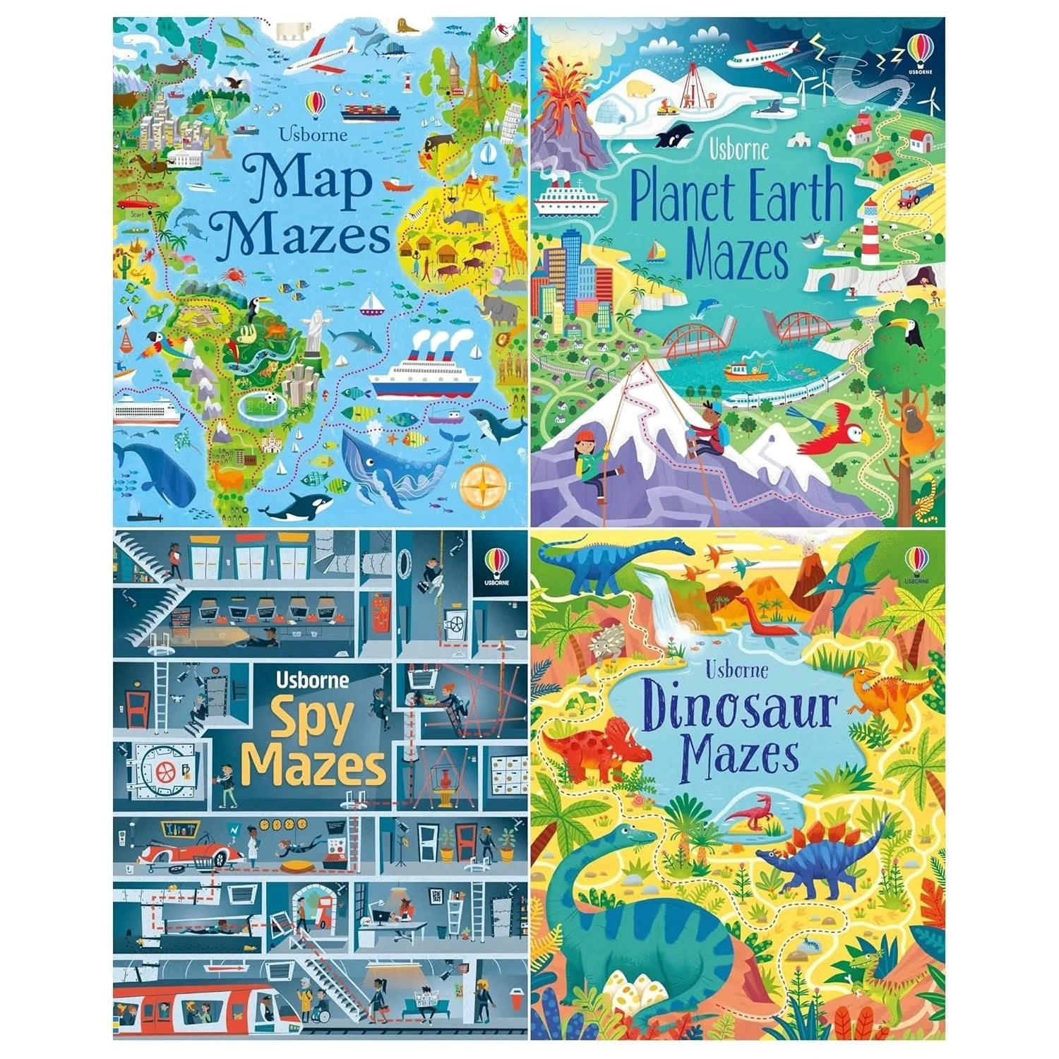 Usborne Mazes Series 4 Books Collection Set - Maps, Planet Earth, Spy and Dinosaur Mazes - Paperback Activity Books for Ages 5-9