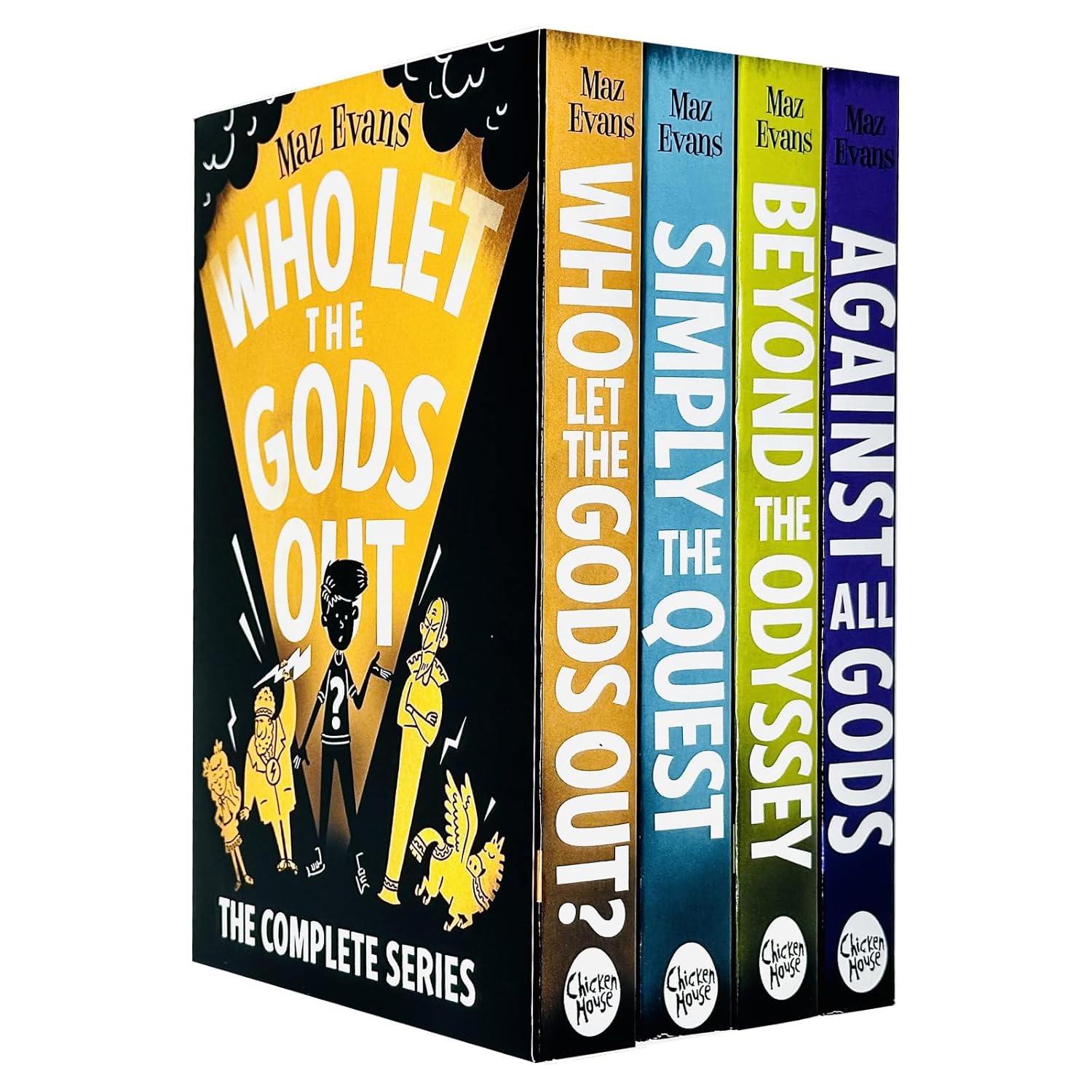 Who Let the Gods Out 4 Books Collection Set by Maz Evans - Beyond the Odyssey and Against All Gods paperback covers