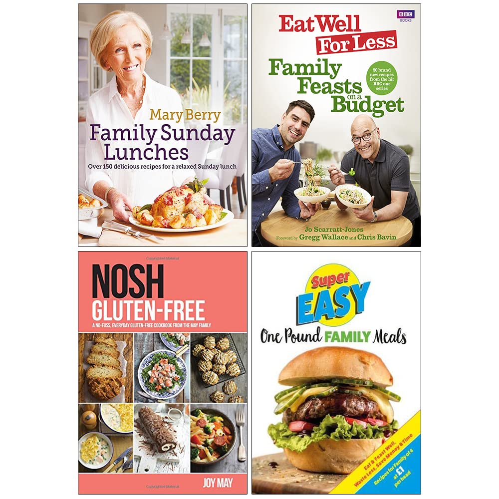 Mary Berry's Family Sunday Lunches, Eat Well for Less, NOSH Gluten-Free and Super Easy One Pound Family Meals 4 book cookery collection set, mixed format